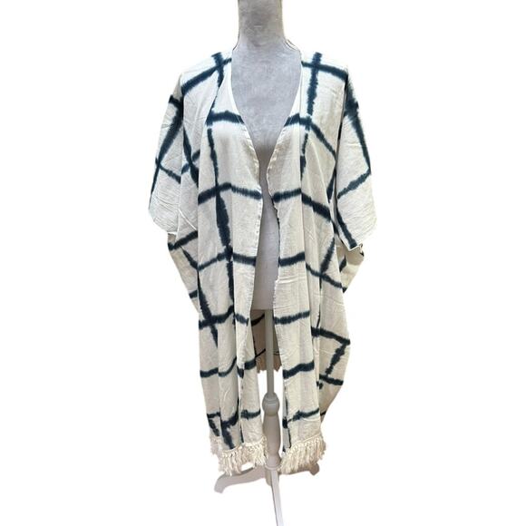 GYPSY JUNKIES Cotton Kimono Duster Blue White Tie Dye Fringe Trim Boho Festival - Picture 1 of 7